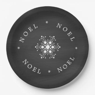 Snowflake Noel on Black Chalkboard Look Paper Plates