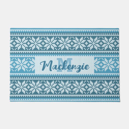 Snowflake Nordic Blue Sweater Pattern Personalized Doormat