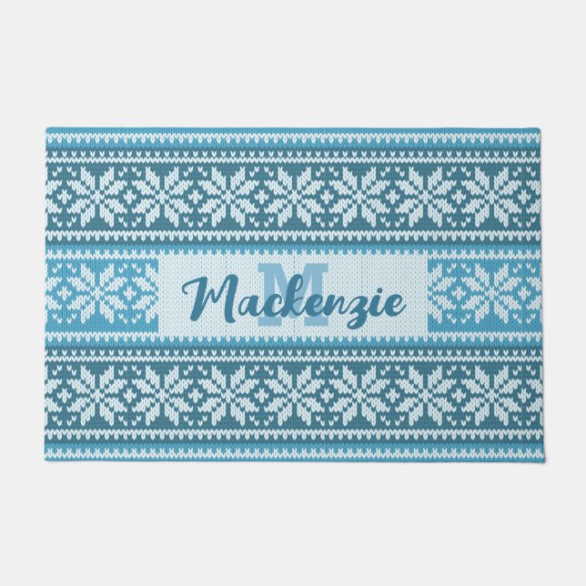 Snowflake Nordic Blue Sweater Pattern Personalized Doormat (Front)