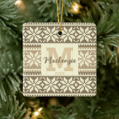 Snowflake Nordic Knit Sweater Monogram Name Photo Ceramic Ornament