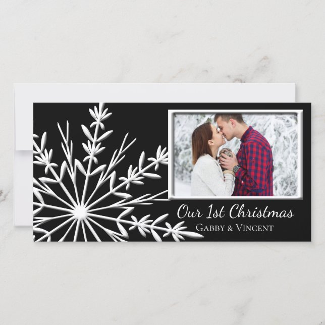 Snowflake on Black First Christmas Photo Card (Front)