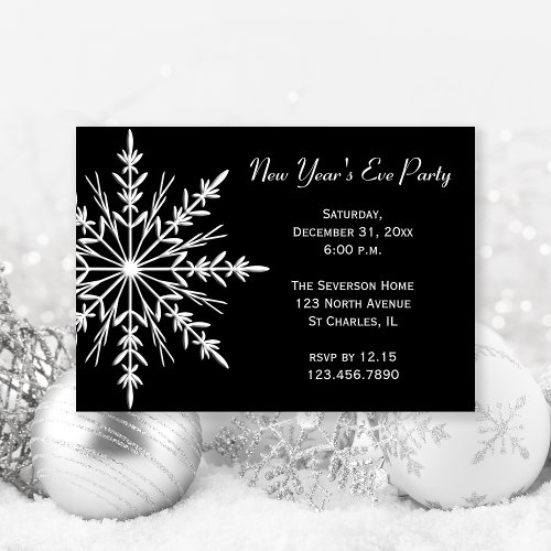 Snowflake on Black New Years Eve Party Invitation