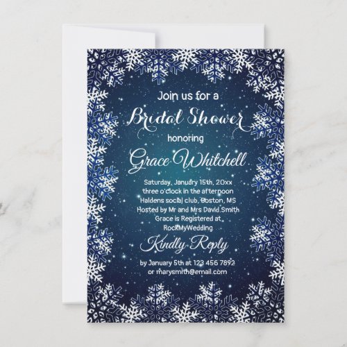 Snowflake on midnight blue Christmas Bridal Shower Invitation