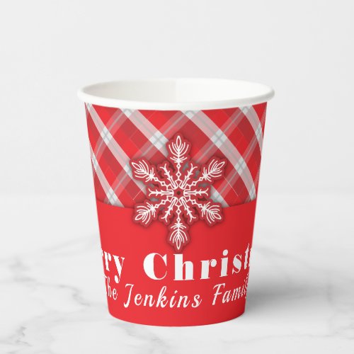 Snowflake On Red Retro Vintage Christmas Plaid  Paper Cups