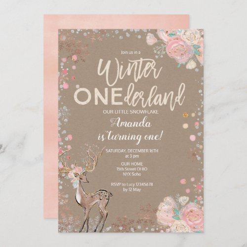 Snowflake ONEderland 1st Birthday Invitation Deer