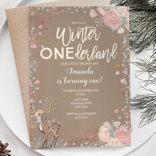 Snowflake ONEderland 1st Birthday Invitation Deer