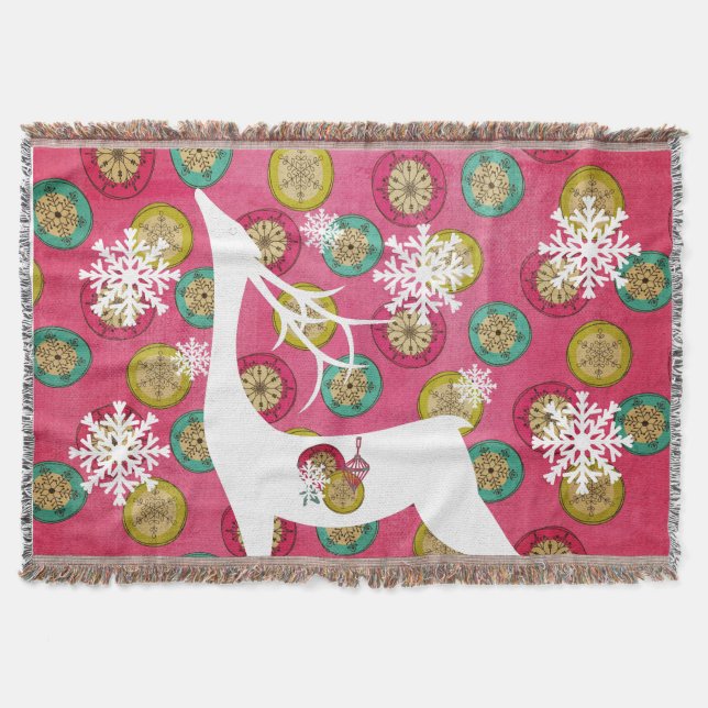 Snowflake Orbs White Deer Holiday Throw Throw Blanket (Front)