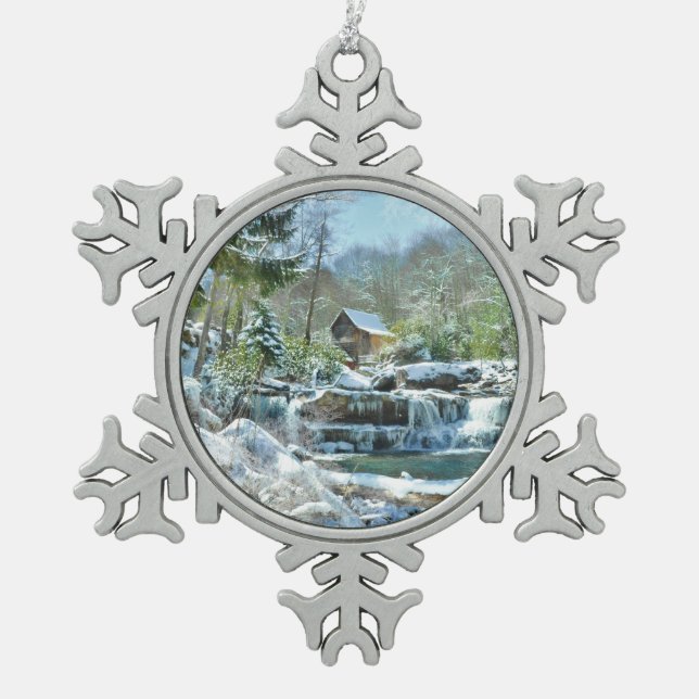 Snowflake ornament with image of Glade Creek Mill (Front)