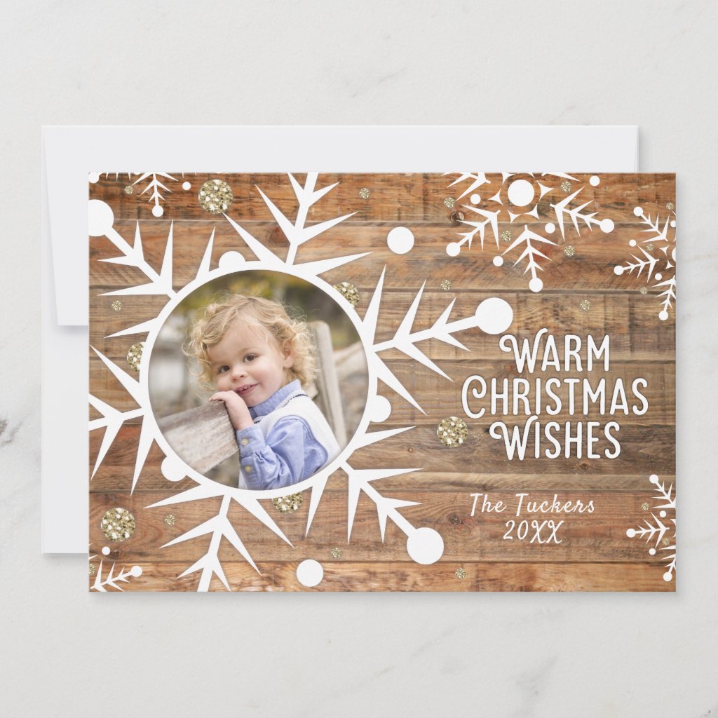 Snowflake Overlay on Wood Christmas Photo Card