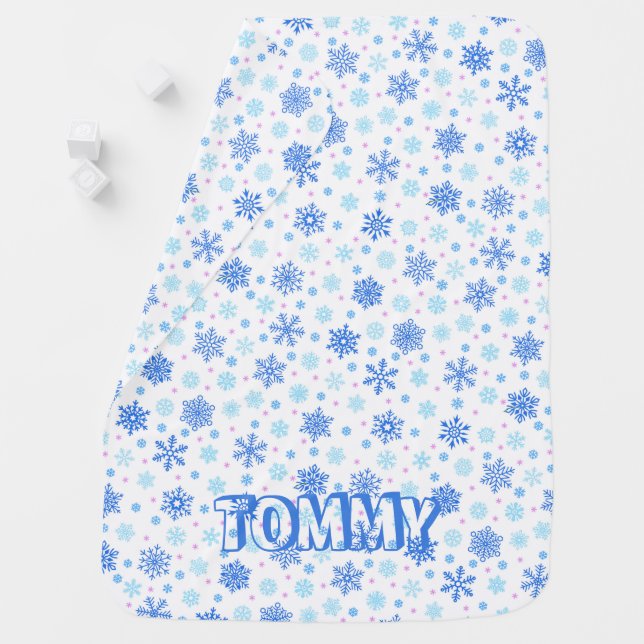 Snowflake Pastel Blue Baby Blue Modern Custom Name Baby Blanket (In Situ)