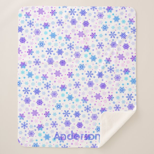 Snowflake Pastel Pink and Blue Custom Name Elegant Sherpa Blanket (Front)