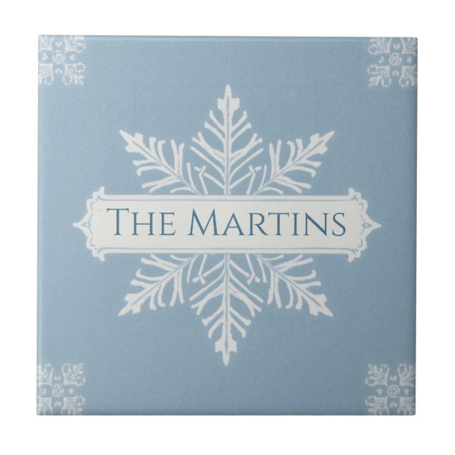 Snowflake pattern blue & white holiday custom name ceramic tile (Front)