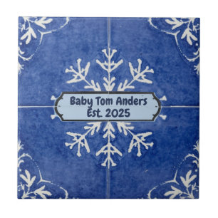 Snowflake pattern blue & white holiday custom name ceramic tile