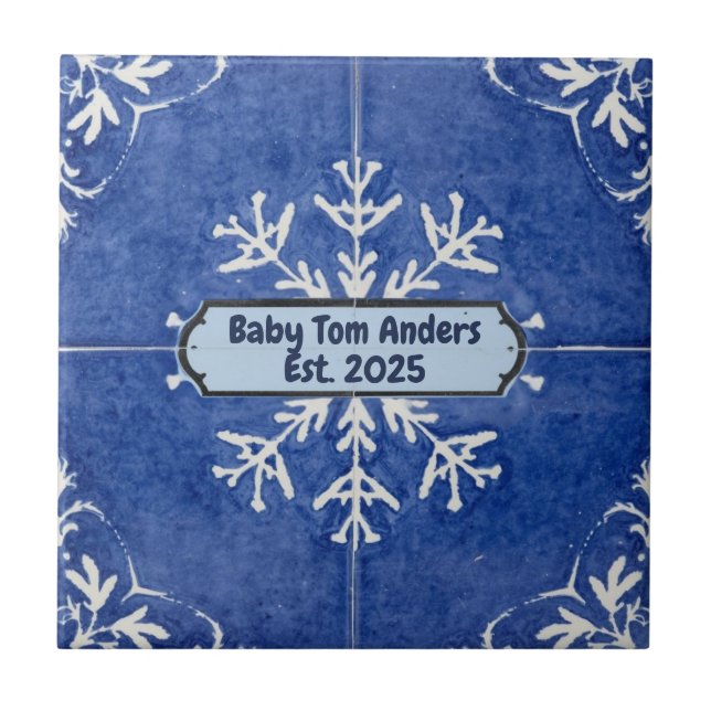 Snowflake pattern blue & white holiday custom name ceramic tile (Front)