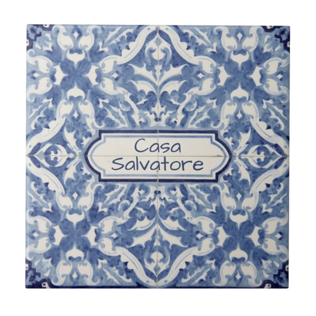 Snowflake pattern blue & white holiday custom name ceramic tile (Front)