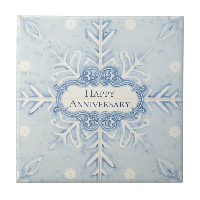Snowflake pattern blue & white holiday custom name ceramic tile (Front)