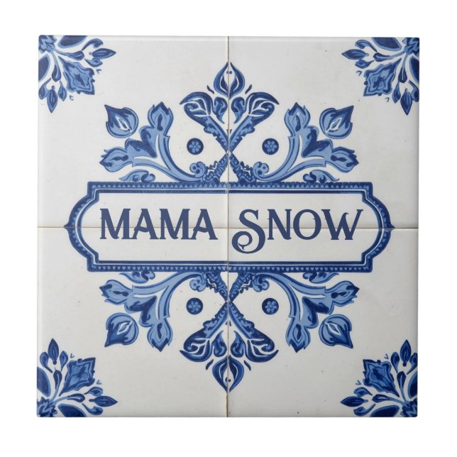 Snowflake pattern blue & white holiday custom name ceramic tile (Front)