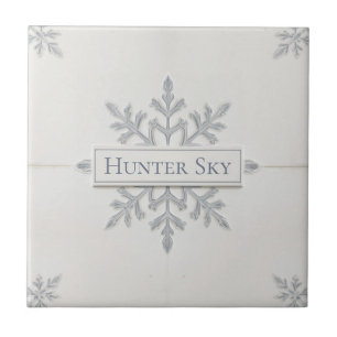Snowflake pattern blue & white holiday custom name ceramic tile
