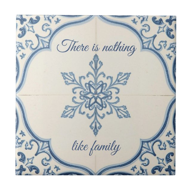 Snowflake pattern blue & white holiday custom name ceramic tile (Front)