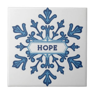 Snowflake pattern blue & white holiday custom name ceramic tile