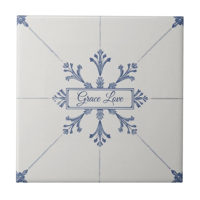 Snowflake pattern blue & white holiday custom name ceramic tile (Front)