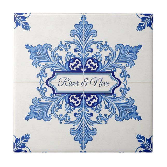 Snowflake pattern blue & white holiday custom name ceramic tile (Front)