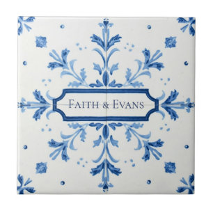 Snowflake pattern blue & white holiday custom name ceramic tile