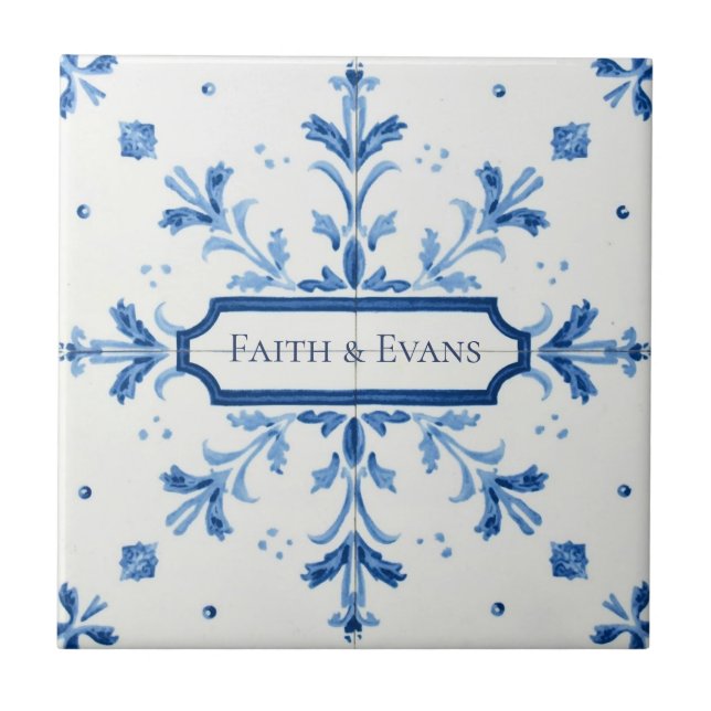 Snowflake pattern blue & white holiday custom name ceramic tile (Front)