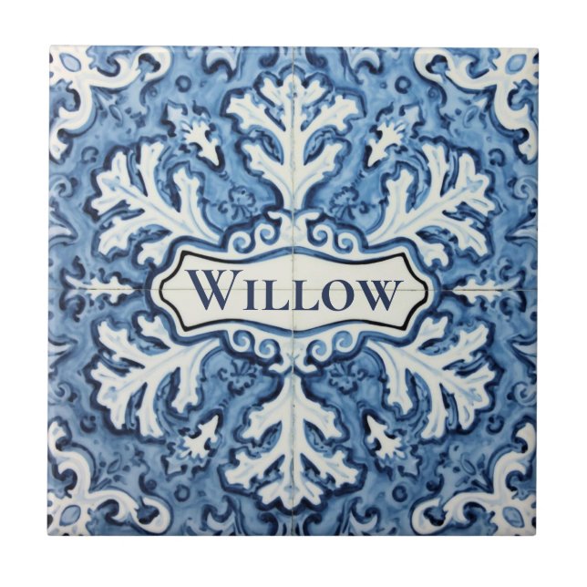Snowflake pattern blue & white holiday custom name ceramic tile (Front)