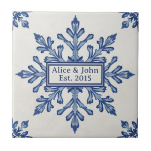 Snowflake pattern blue & white holiday custom name ceramic tile