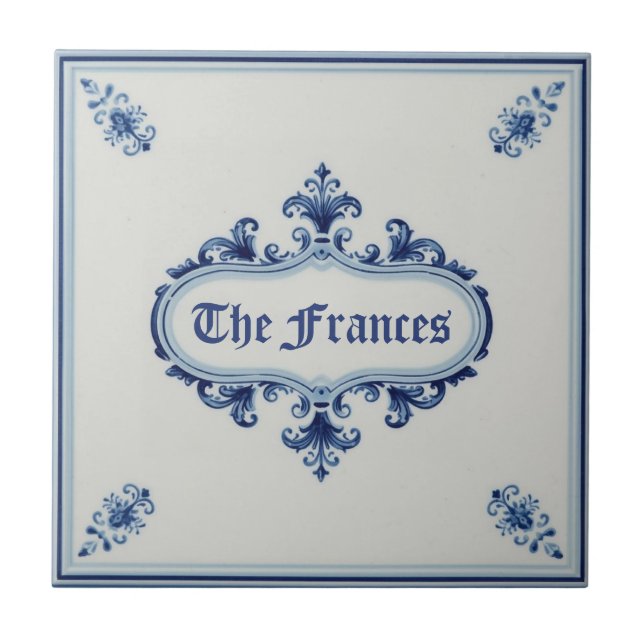 Snowflake pattern blue & white holiday custom name ceramic tile (Front)