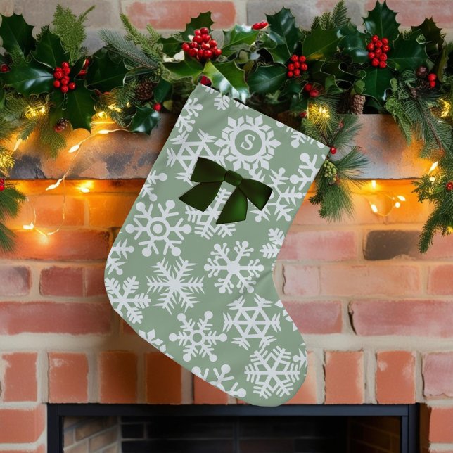 Snowflake Pattern Bow Cute Sage Green Monogrammed Small Christmas Stocking (A cute sage green snowflake Christmas stocking with space for your initial)