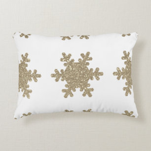 Snowflake Pattern Gold Glitter White Christmas Accent Pillow