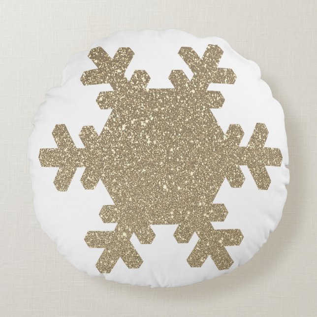 Snowflake Pattern Gold Glitter White Christmas Round Pillow (Front)