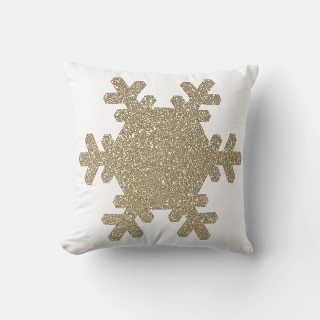 Snowflake Pattern Gold Glitter White Christmas Throw Pillow (Front)