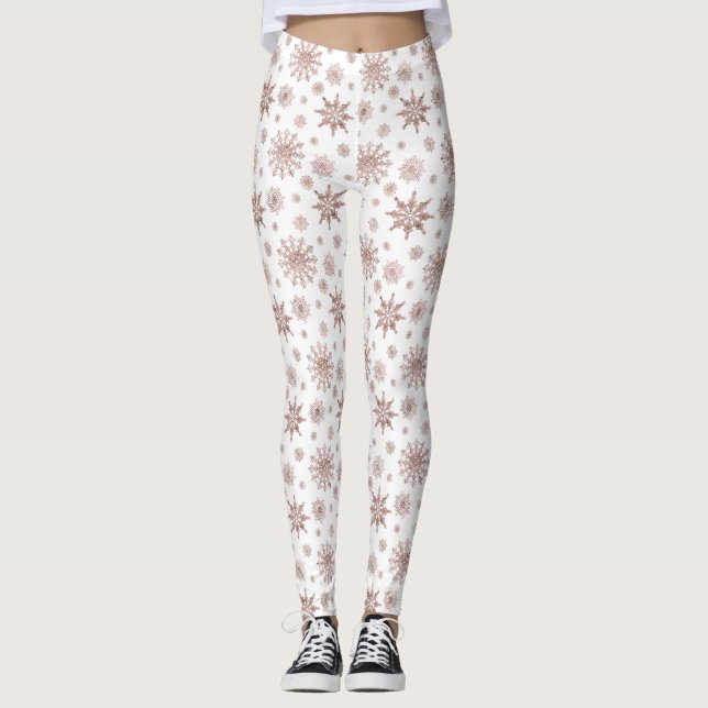 Snowflake Pattern In Faux Rose Gold Looking Color Leggings (Front)