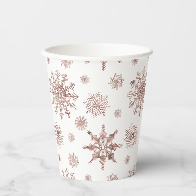 Snowflake Pattern In Faux Rose Gold Looking Color Paper Cups (Front)