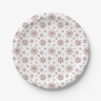 Snowflake Pattern In Faux Rose Gold Looking Color Paper Plates