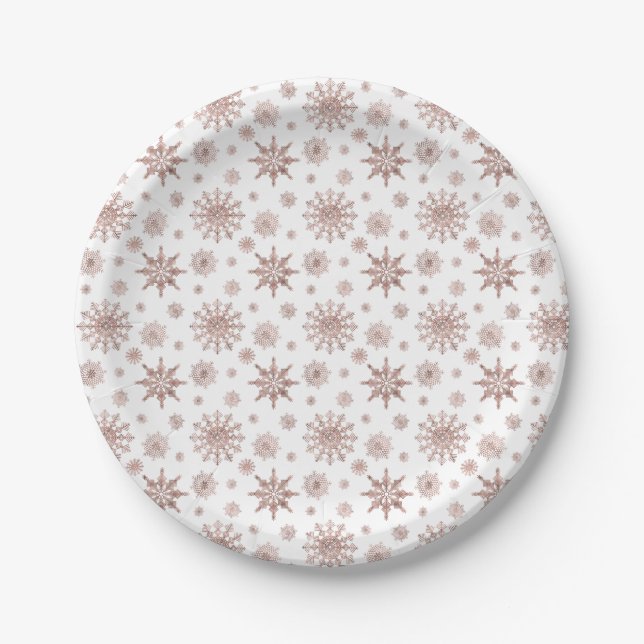 Snowflake Pattern In Faux Rose Gold Looking Color Paper Plates (Front)