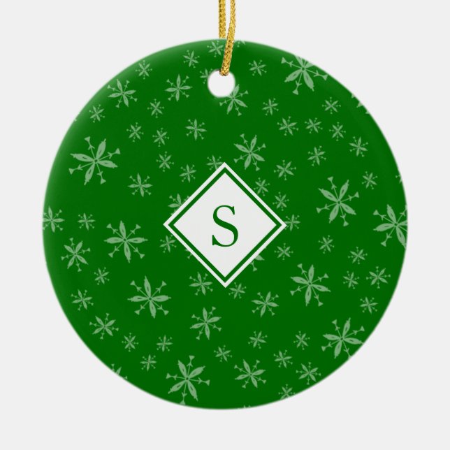 Snowflake Pattern Monogrammed Green Christmas Ceramic Ornament (Front)