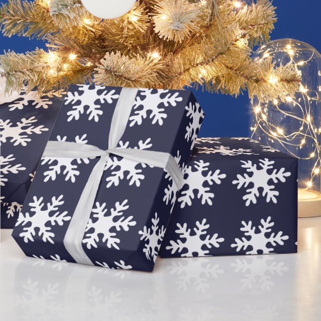Snowflake Pattern Navy Blue Holiday Wrapping Paper (Holidays)
