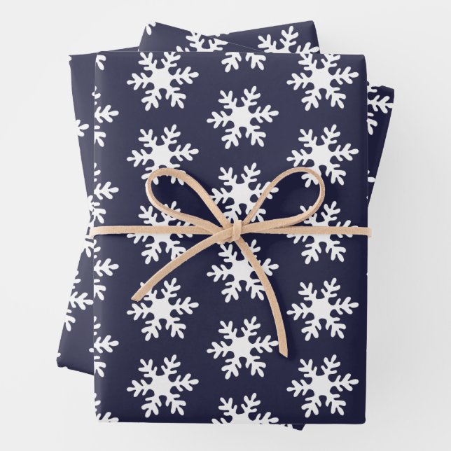 Snowflake Pattern Navy Blue White Holiday Wrapping Paper Sheets (In situ)