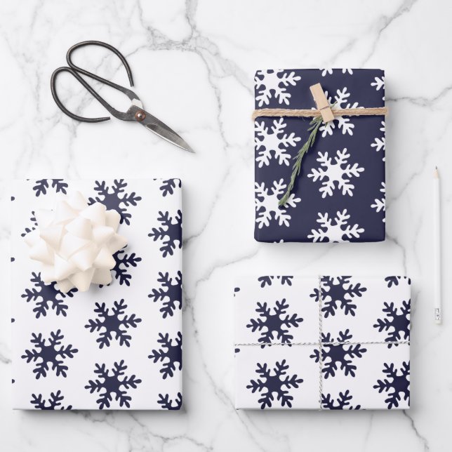 Snowflake Pattern Navy Blue White Holiday Wrapping Paper Sheets (Front)