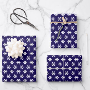 Snowflake Pattern Navy Blue& White Winter Wrapping Paper Sheets