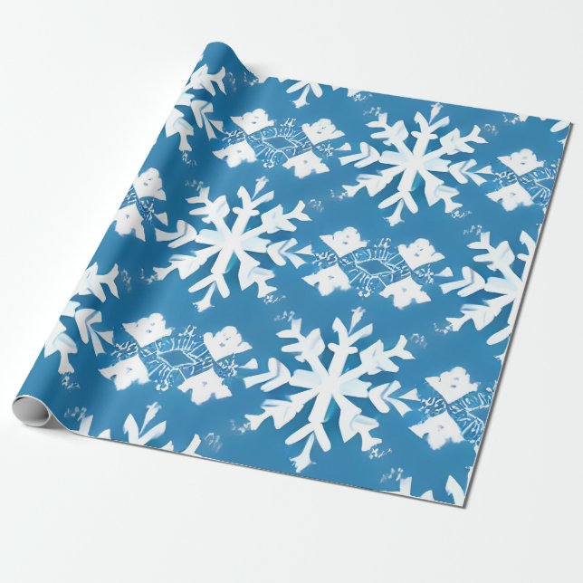 Snowflake Pattern on Blue Background Wrapping Paper (Unrolled)