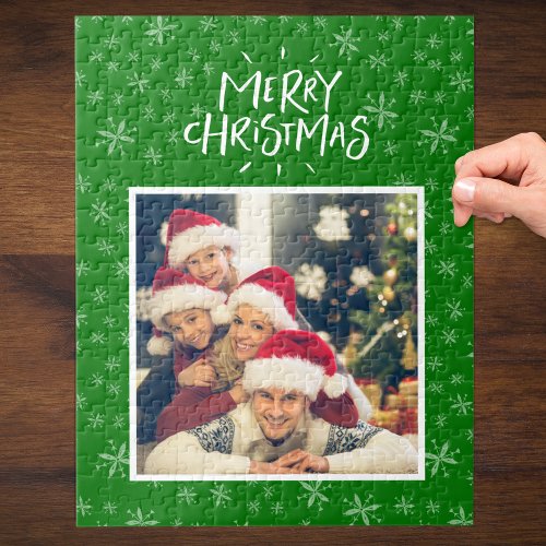 Snowflake Pattern on Green Merry Christmas Photo Jigsaw Puzzle
