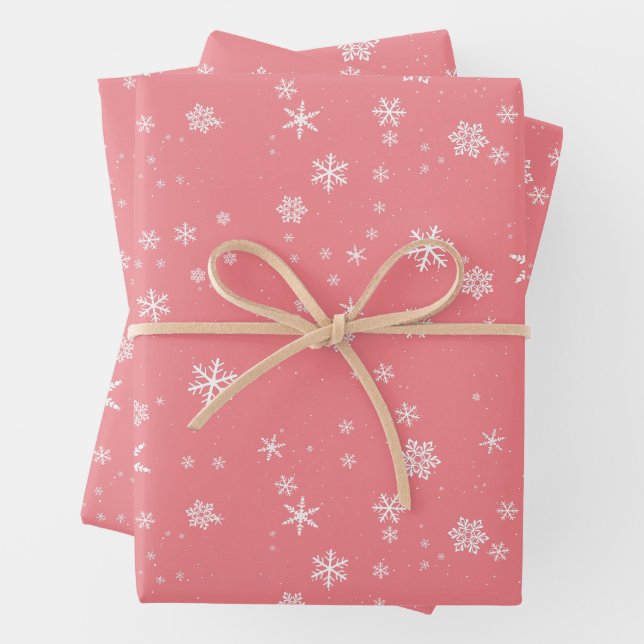 Snowflake Pattern on Pink Christmas Wrapping Paper Sheets (In situ)