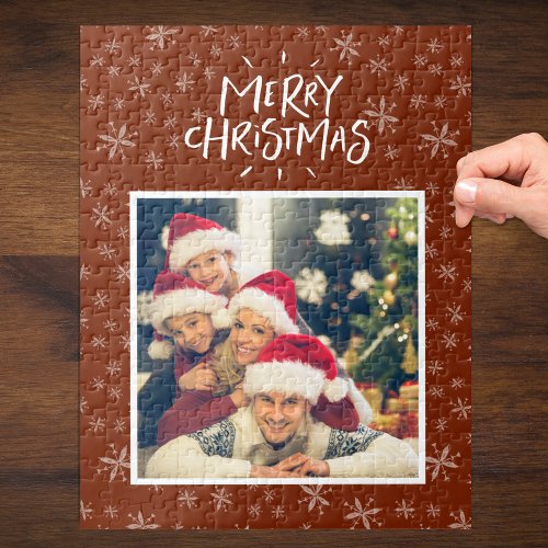 Snowflake Pattern on Red Merry Christmas Photo Jigsaw Puzzle
