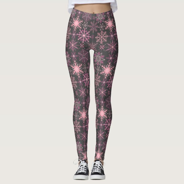 Snowflake pattern Pink D Grey BG Leggings (Front)