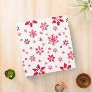 Snowflake Pattern, Red Snowflakes, Snow, White 3 Ring Binder
